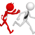 Businessman running away from Businessdevil.