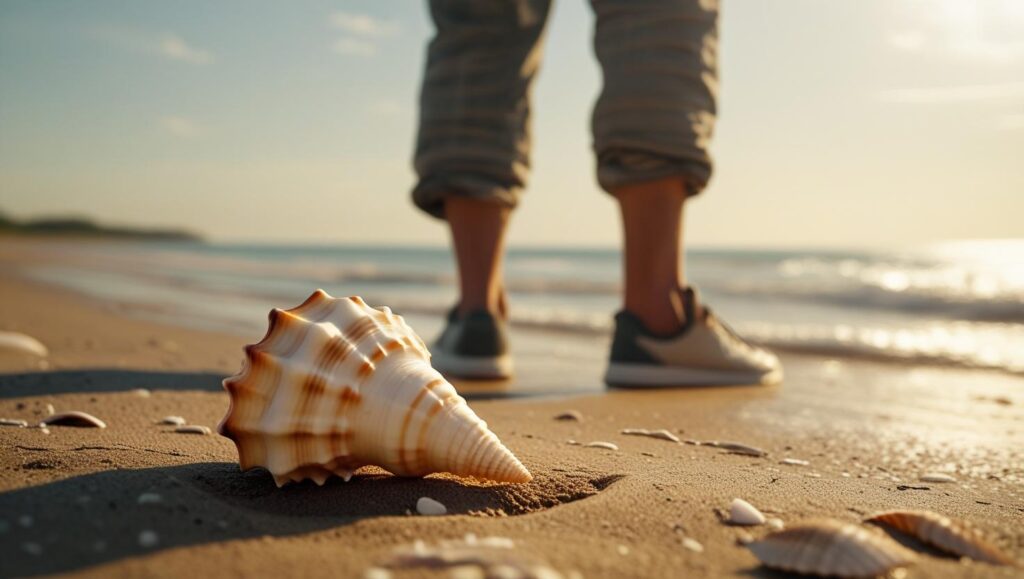 a person turning their back to a seashell